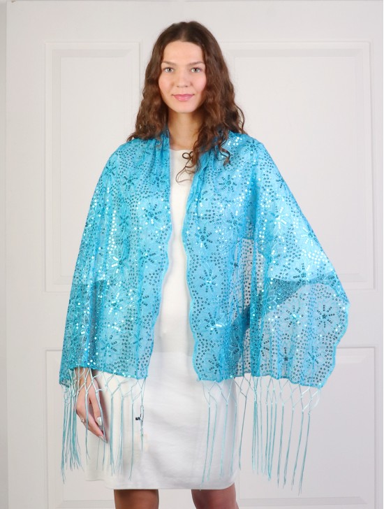 Sequined Flower Mesh Scarf W/ Fringe